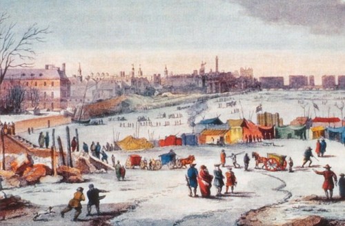 Bức tranh "Thames Frost Fair" ("Hội chợ Frost trên sông Thames") 1683 - 1684, tác giả Thomas Wyke (Ảnh: discovery.com)